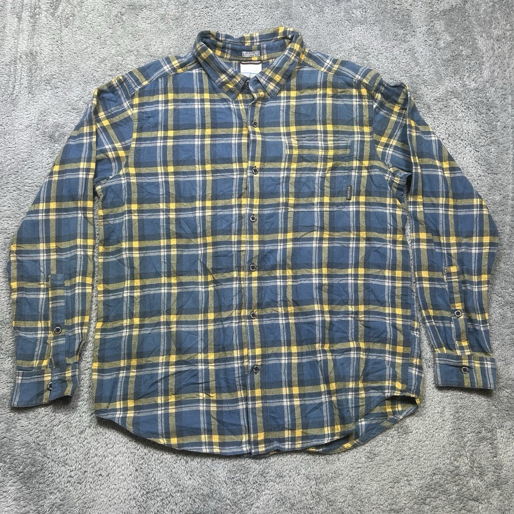 Columbia Flannel Shirt Mens L Blue Yellow Plaid Long Sleeve Regular Fit Outdoor